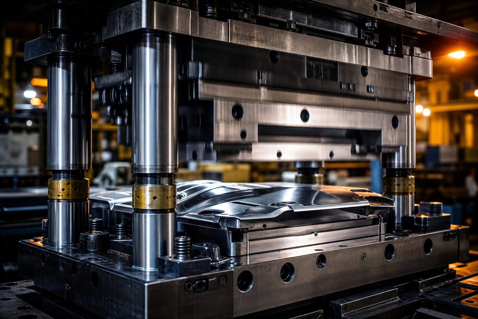 metal stamping die in operation showing the precision tooling that defines both transfer and progressive stamping methods