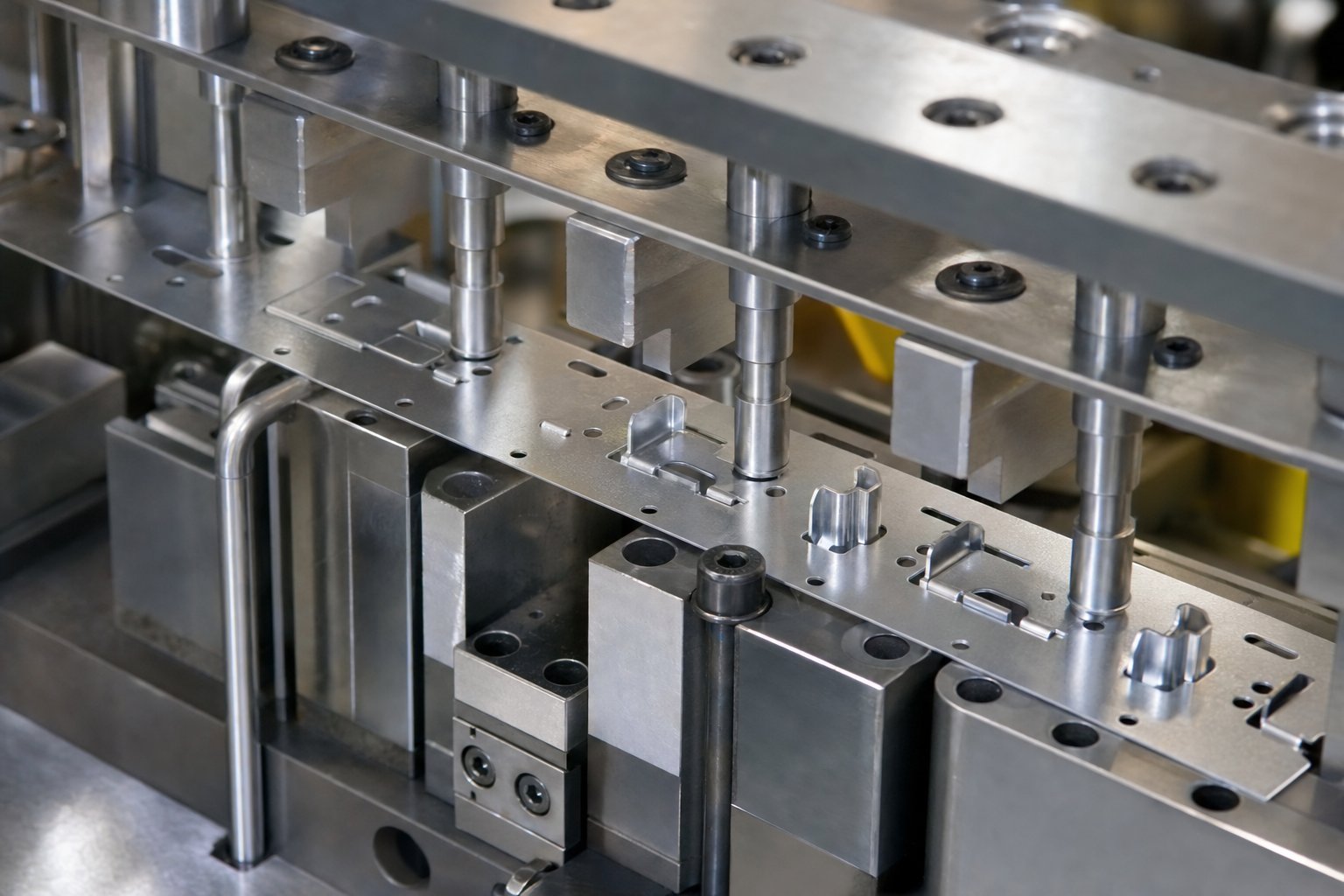 progressive die stamping forms parts incrementally along a continuous strip through multiple stations in a single die block