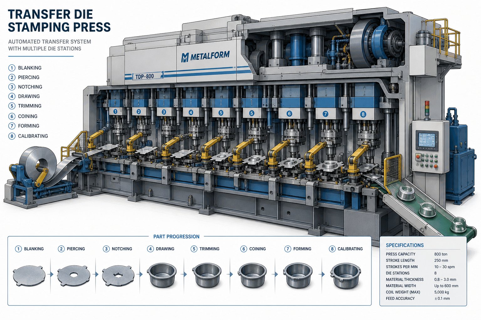 transfer die stamping uses robotic arms to move blanks between independent stations for complex multi axis forming