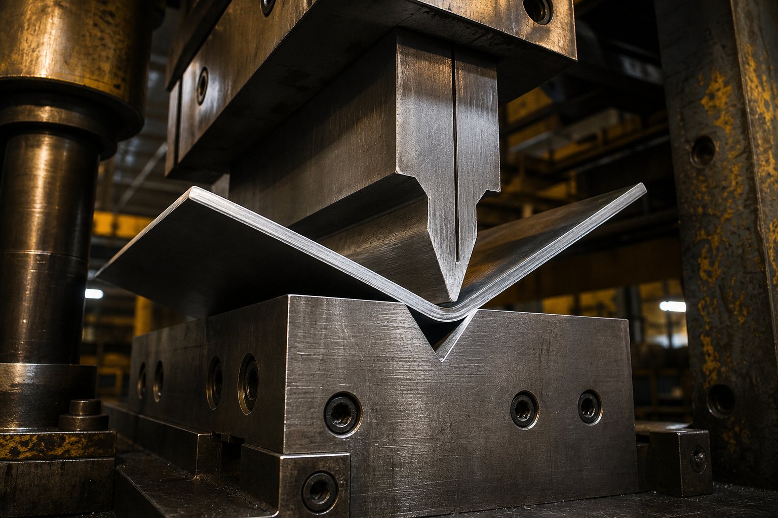 info-1-1 a stamping die performing a forming operation to create precise bends and three dimensional geometry in sheet metal