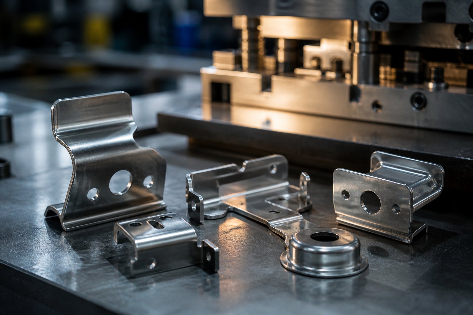 info-1-1 precision dies stamped parts showing clean edges and formed features produced by engineered stamping tooling