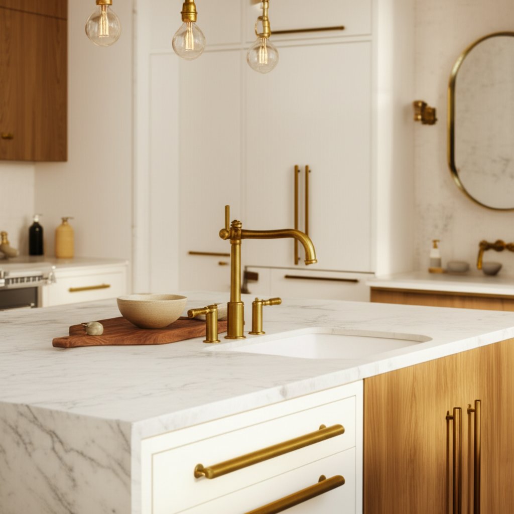 unlacquered brass hardware ages gracefully in kitchens and bathrooms