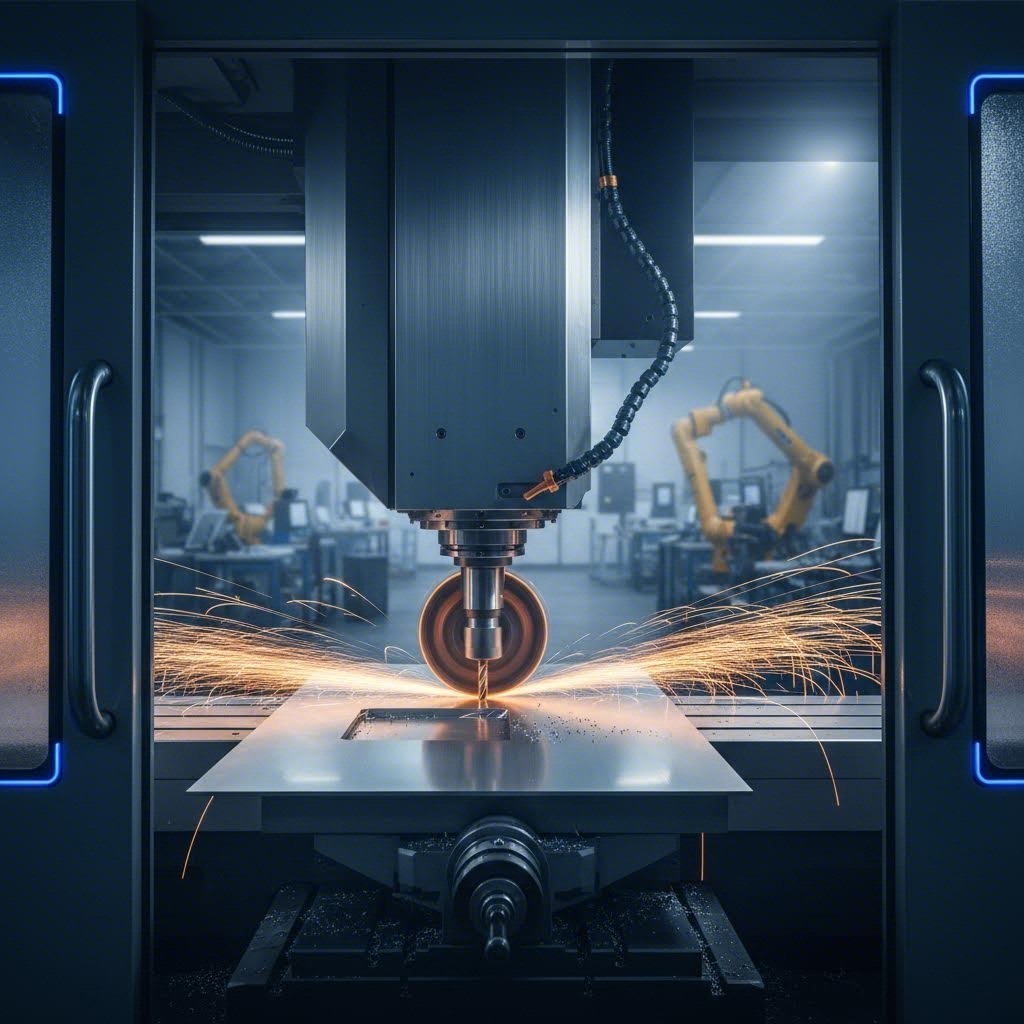 cnc milling machine creating precision features on sheet metal workpiece