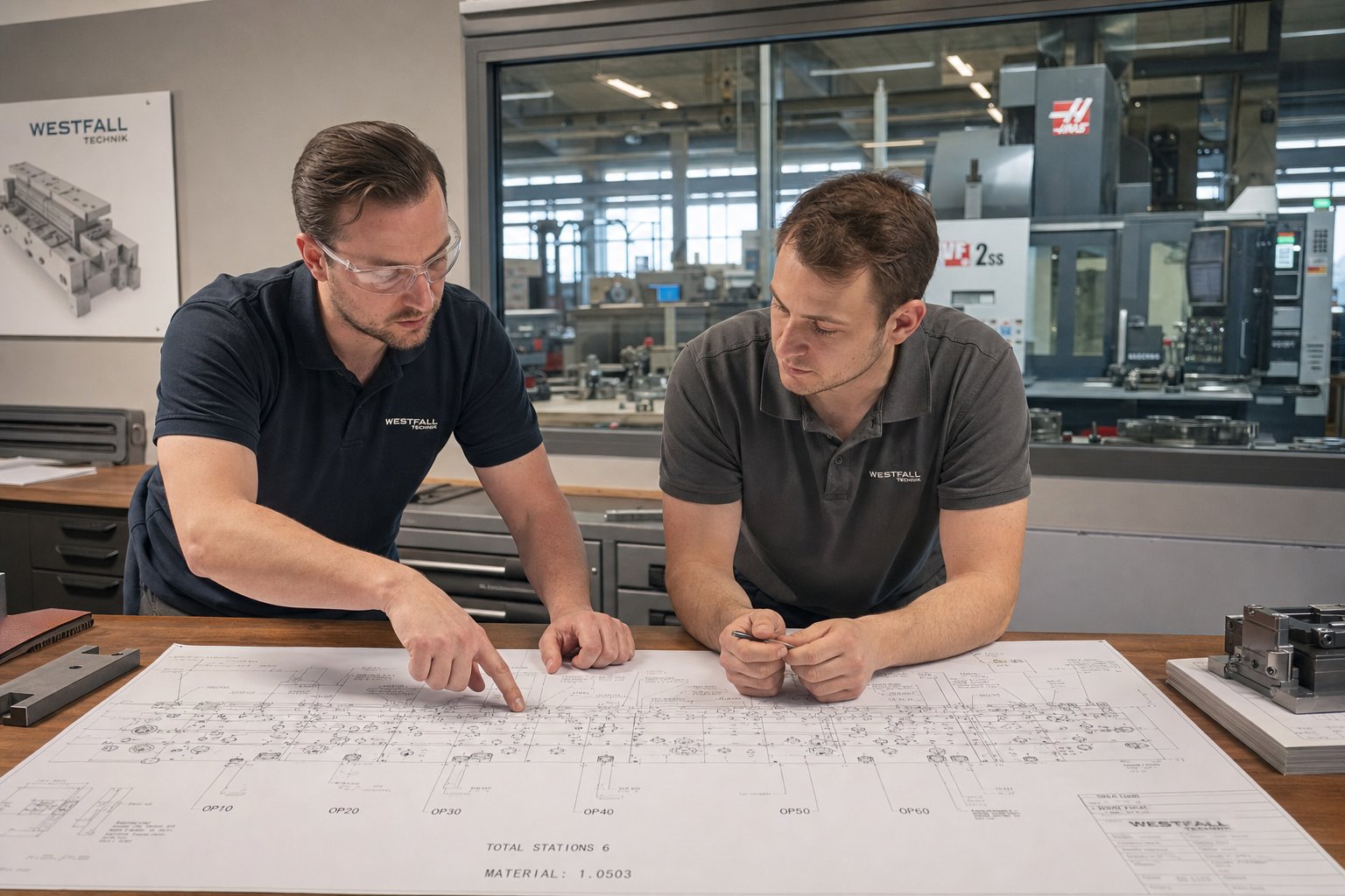 info-1-1 engineering team reviewing transfer die station layout during the design for manufacturability phase