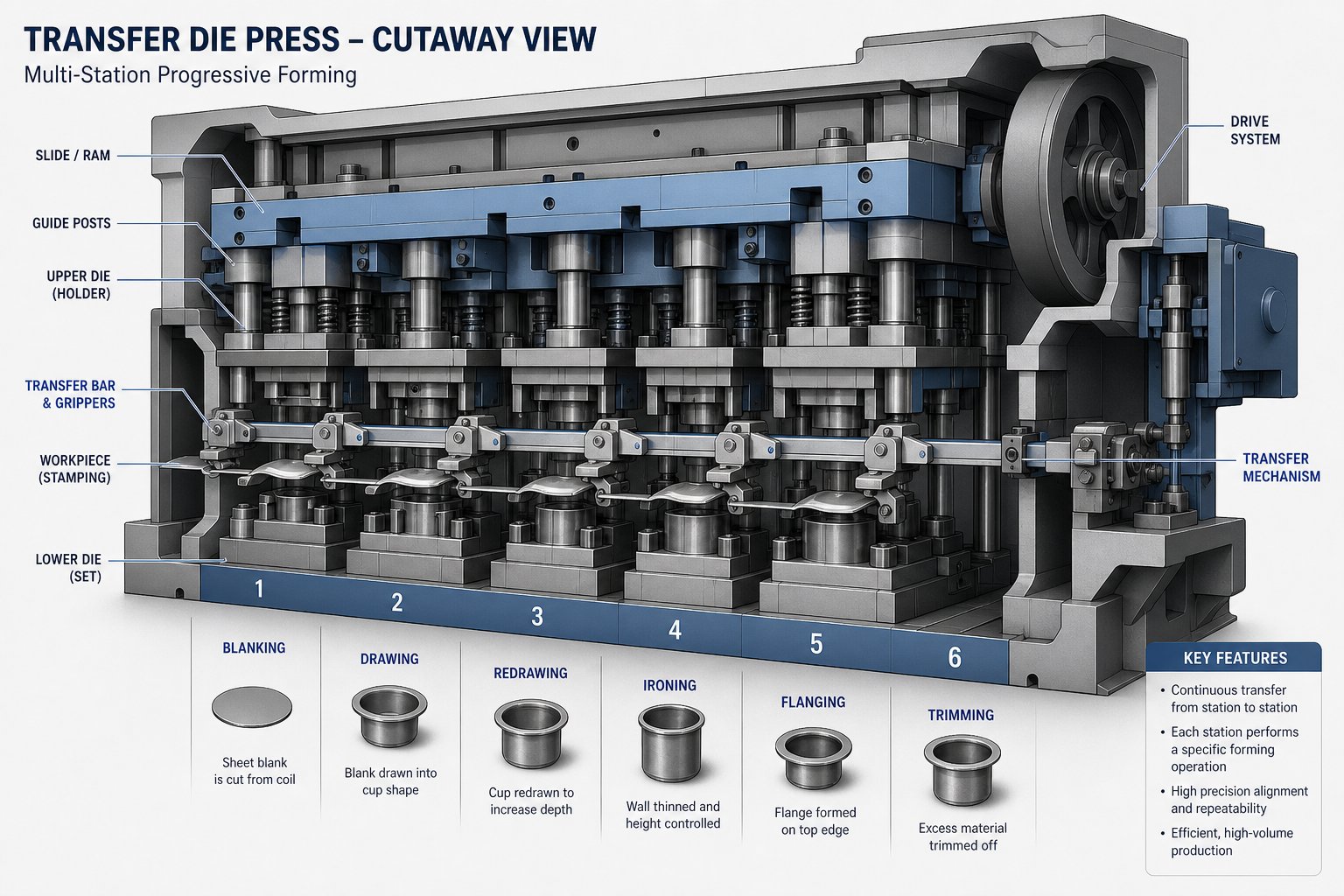 info-1-1 inside a transfer die press showing sequential forming stations and mechanical transfer bar with grippers