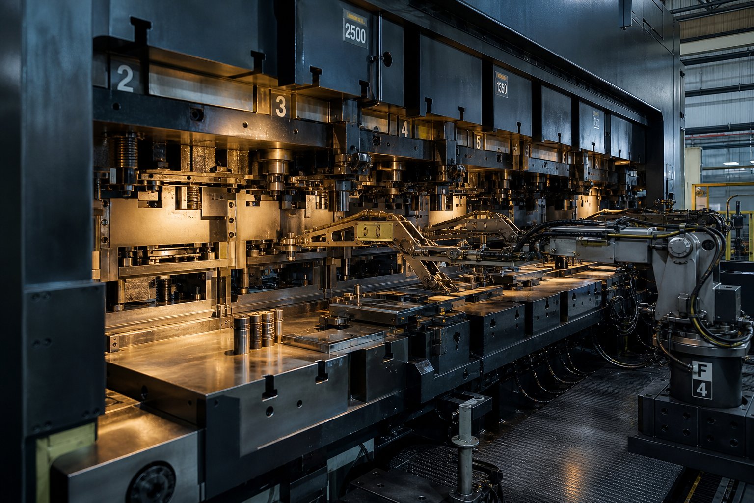info-1-1 multi station transfer die press with robotic transfer mechanism moving workpieces between forming stations