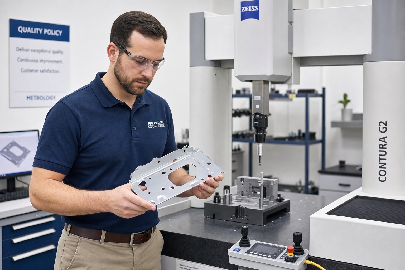 info-1-1 quality engineer performing dimensional inspection of a transfer die stamped part using precision measurement equipment