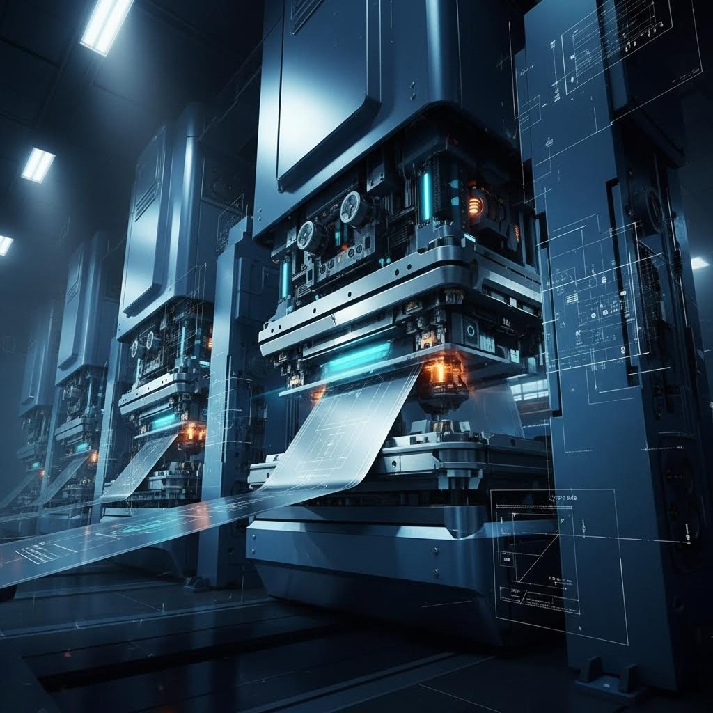 Automotive stamping line transforming sheet metal into trunk lid panels