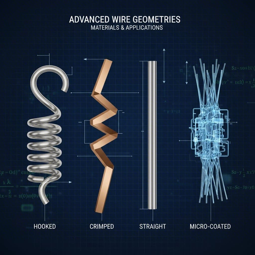 Various geometric configurations designed to optimize mechanical anchorage within cementitious materials