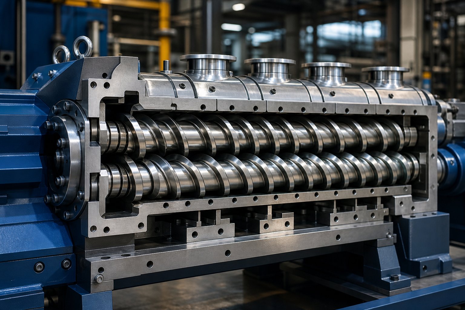 co rotating twin screw extruder with intermeshing self wiping screws inside a modular segmented barrel