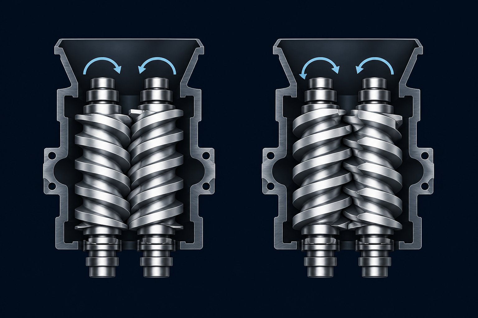 cross section comparison of co rotating and counter rotating twin screw configurations showing rotation directions