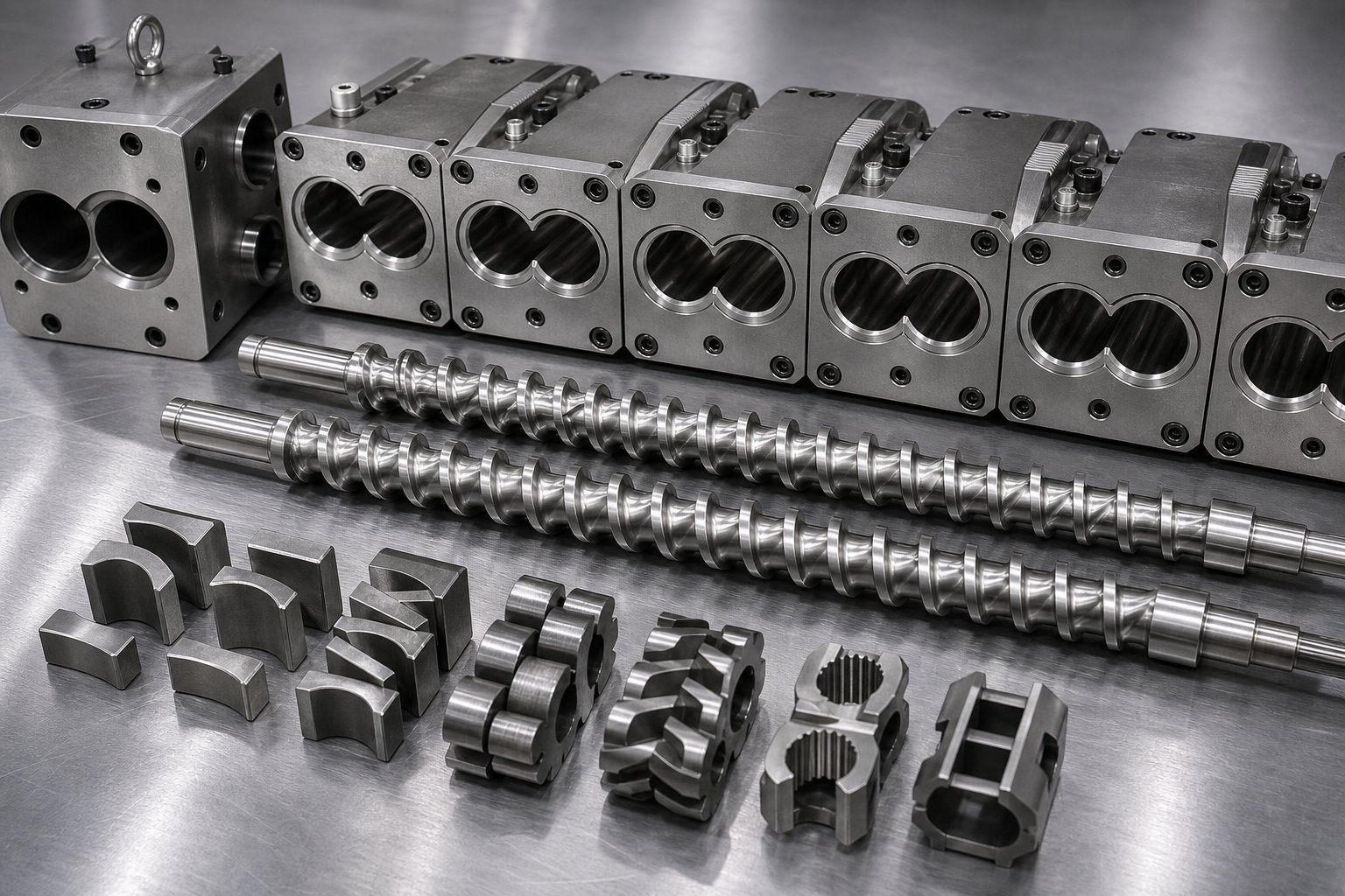modular barrel segments and screw elements for a co rotating twin screw extruder ready for assembly