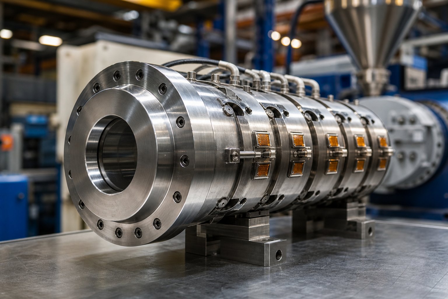 a precision machined plastic extruder barrel with heater bands the critical component that governs melt quality and throughput in polymer processing