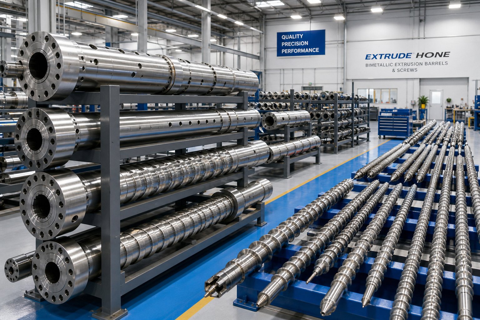 a specialized manufacturing facility with custom extruder barrels and screws ready for delivery