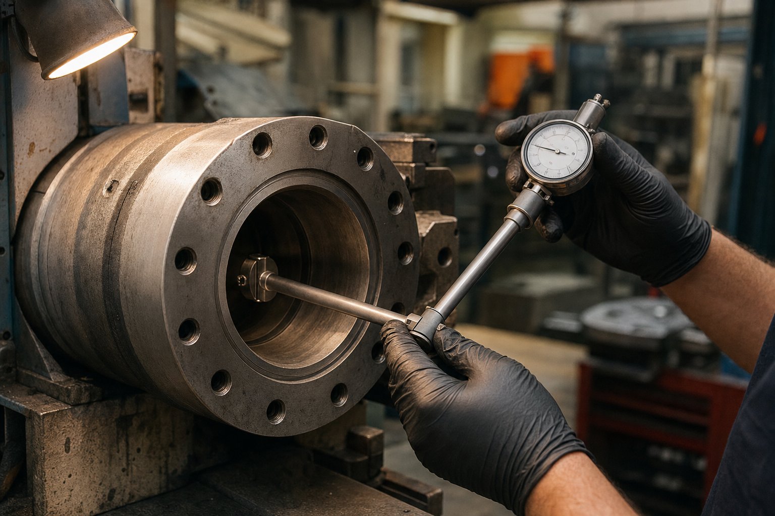 a technician using a bore gauge to measure barrel wear a critical step in maintaining extruder performance and planning timely replacements