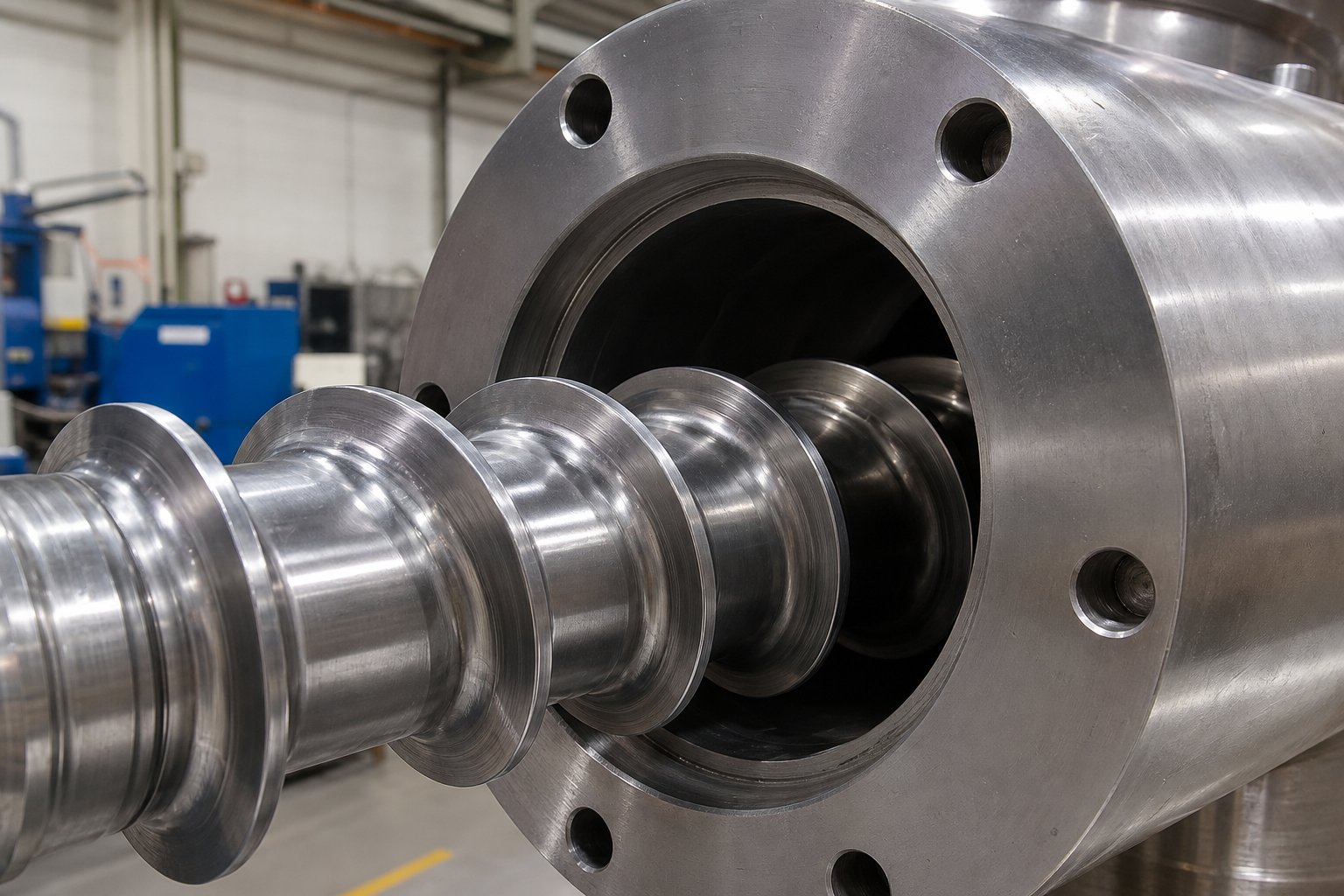 an extruder screw entering the barrel bore illustrating the critical flight to bore clearance that determines melt quality and conveying efficiency