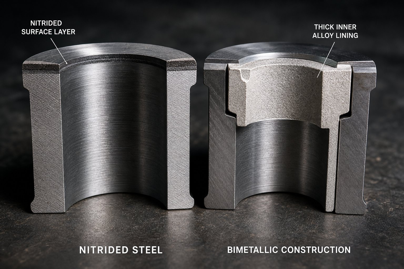cross section comparison of barrel liner types showing the difference in protective layer thickness between nitrided steel and bimetallic construction