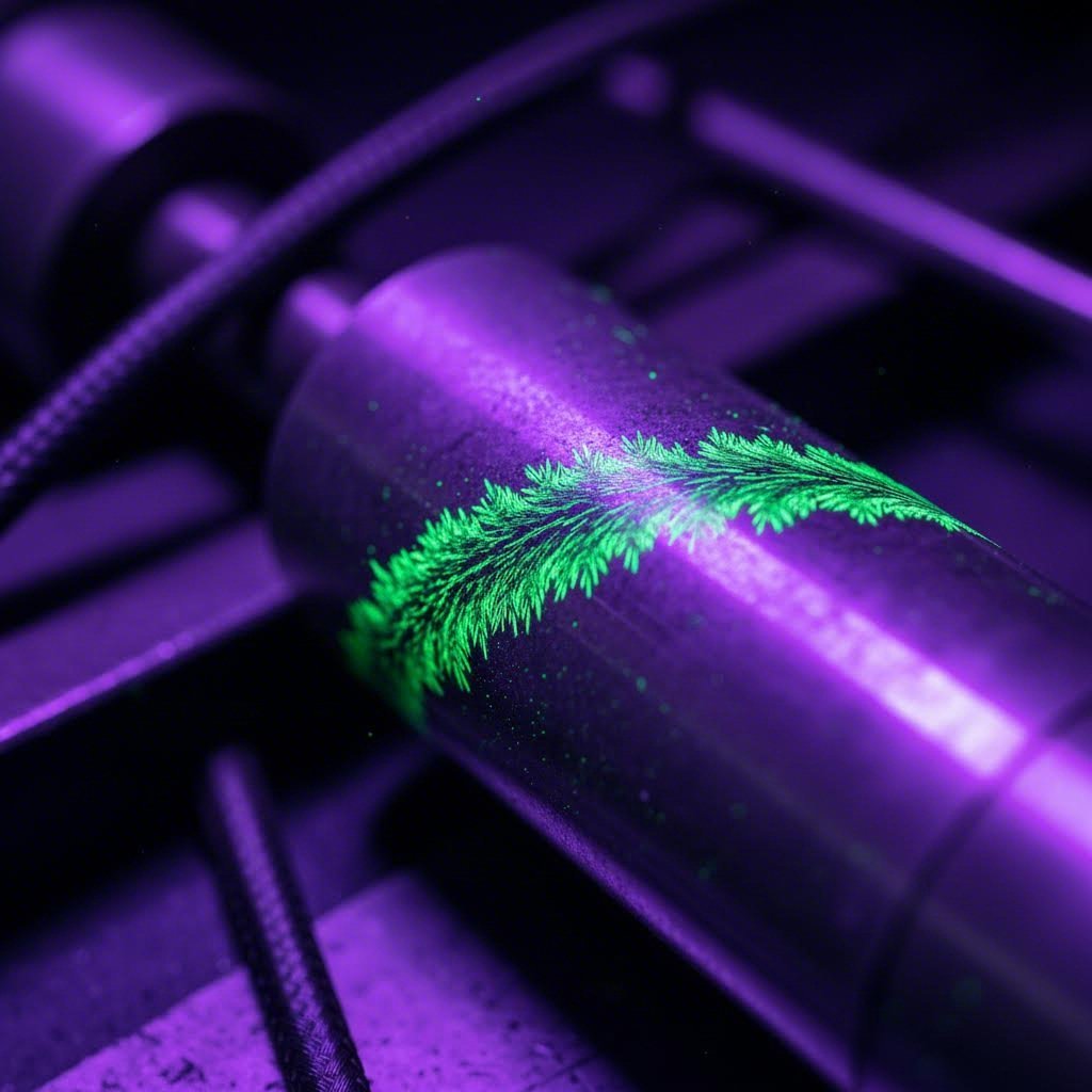fluorescent magnetic particle inspection revealing surface discontinuities under uv light