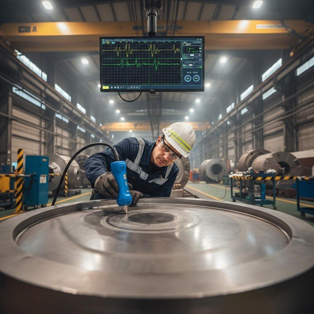 ndt technician performing ultrasonic inspection on a precision steel forging