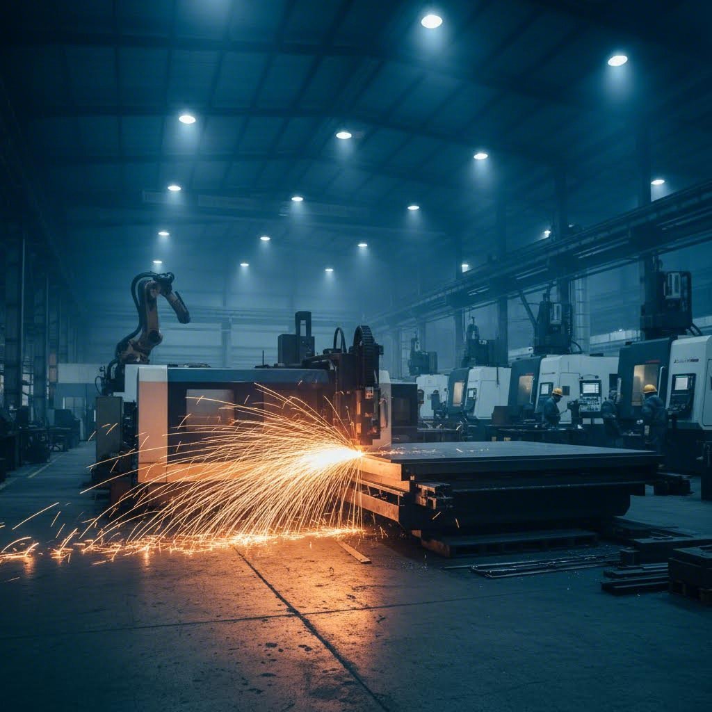 modern fiber laser cutting machine processing steel sheet in an industrial fabrication facility