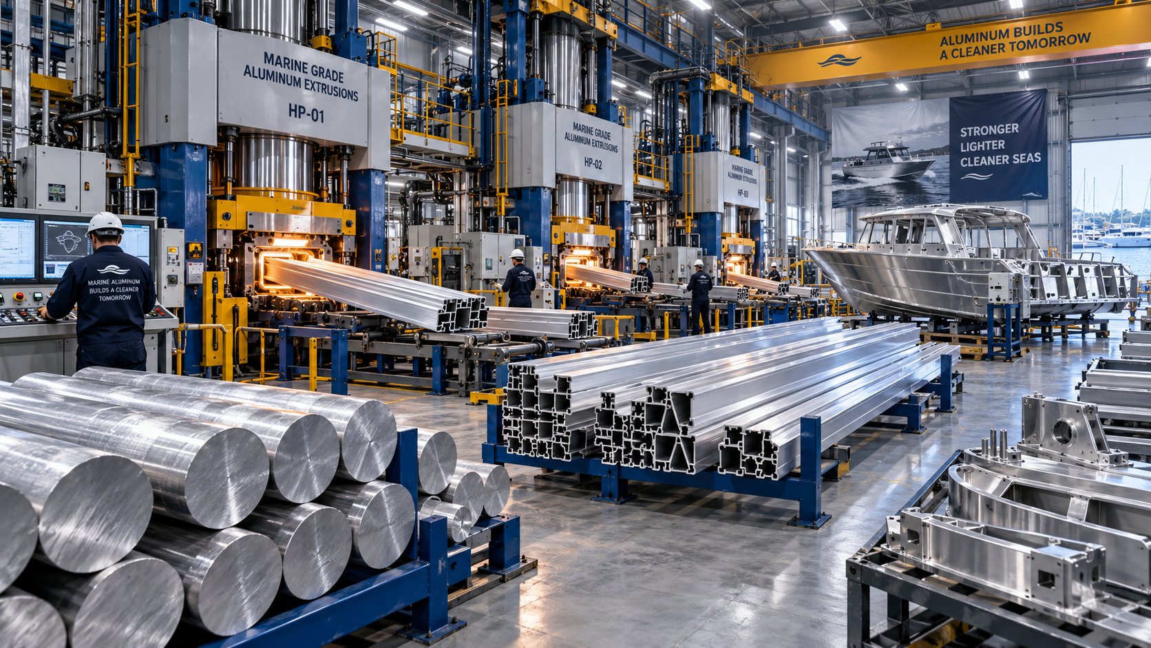 marine grade aluminum extrusions being manufactured at an industrial production facility