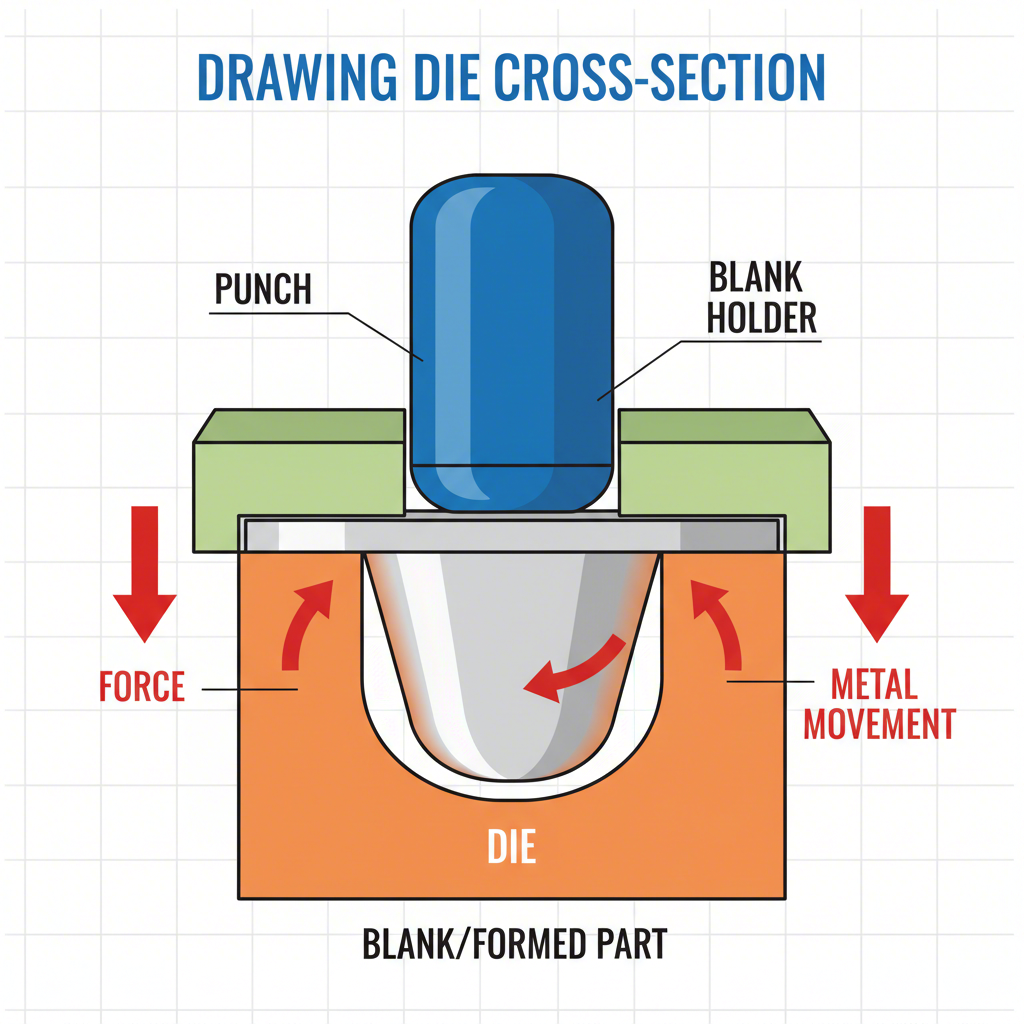 diagram of the key components in a sheet metal drawing die assembly