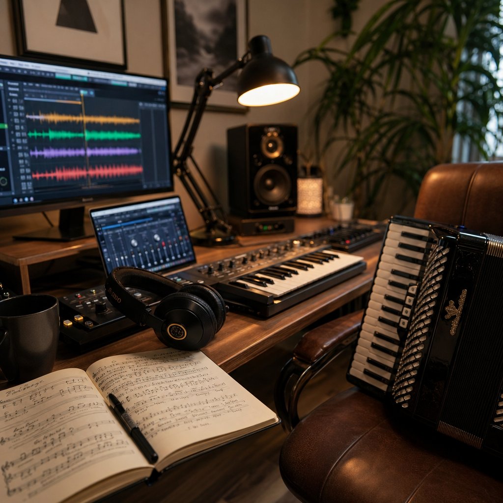 a home studio setup ready for creating tejano inspired music blending traditional instruments with modern digital tools