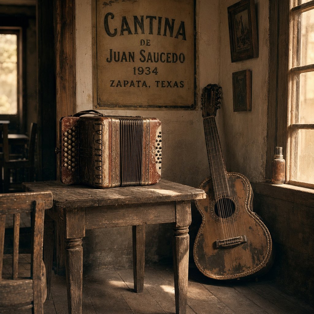 vintage accordion and bajo sexto in a rustic south texas setting evoking the early roots of conjunto music