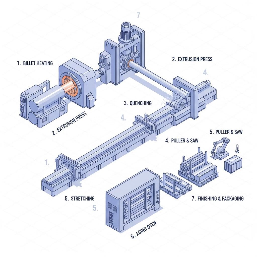complete aluminum extrusion manufacturing workflow from raw billet to finished profile