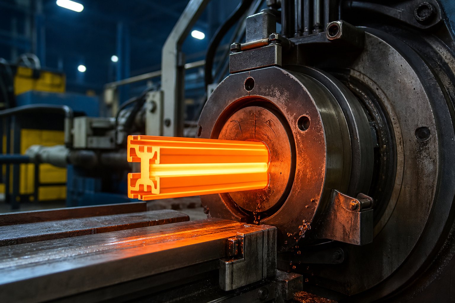 custom aluminum extrusion process showing heated metal being formed through precision dies
