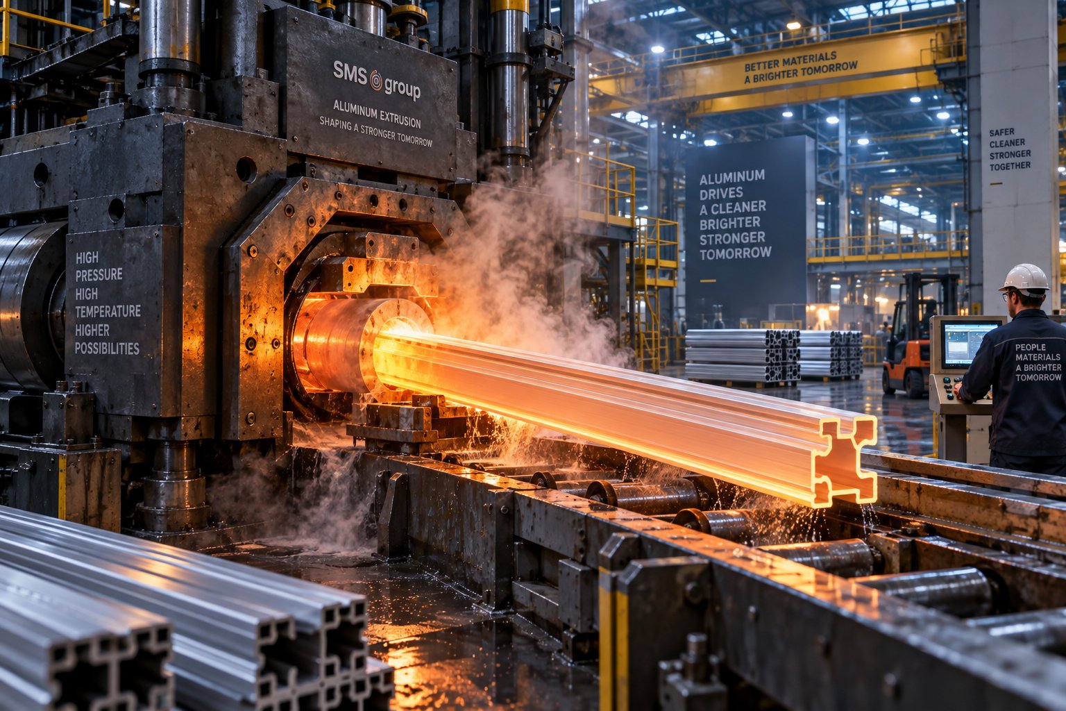 aluminum extrusion press transforming heated billets into precision profiles