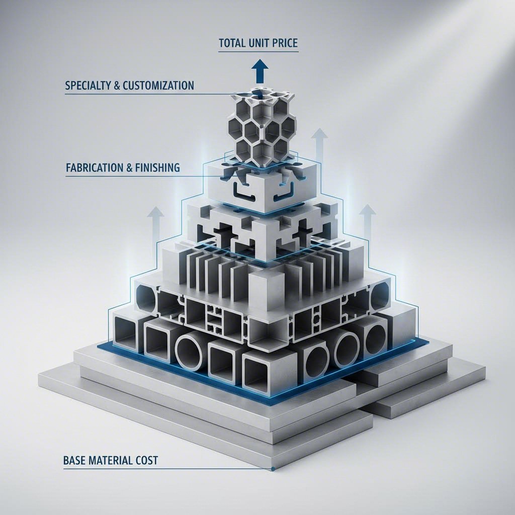 multiple aluminum profiles representing the layered cost components in extrusion pricing