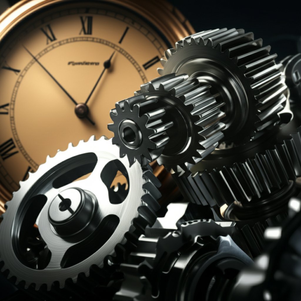 an automotive gear as a puzzle piece against a fast clock symbolizing prototypings speed and precision