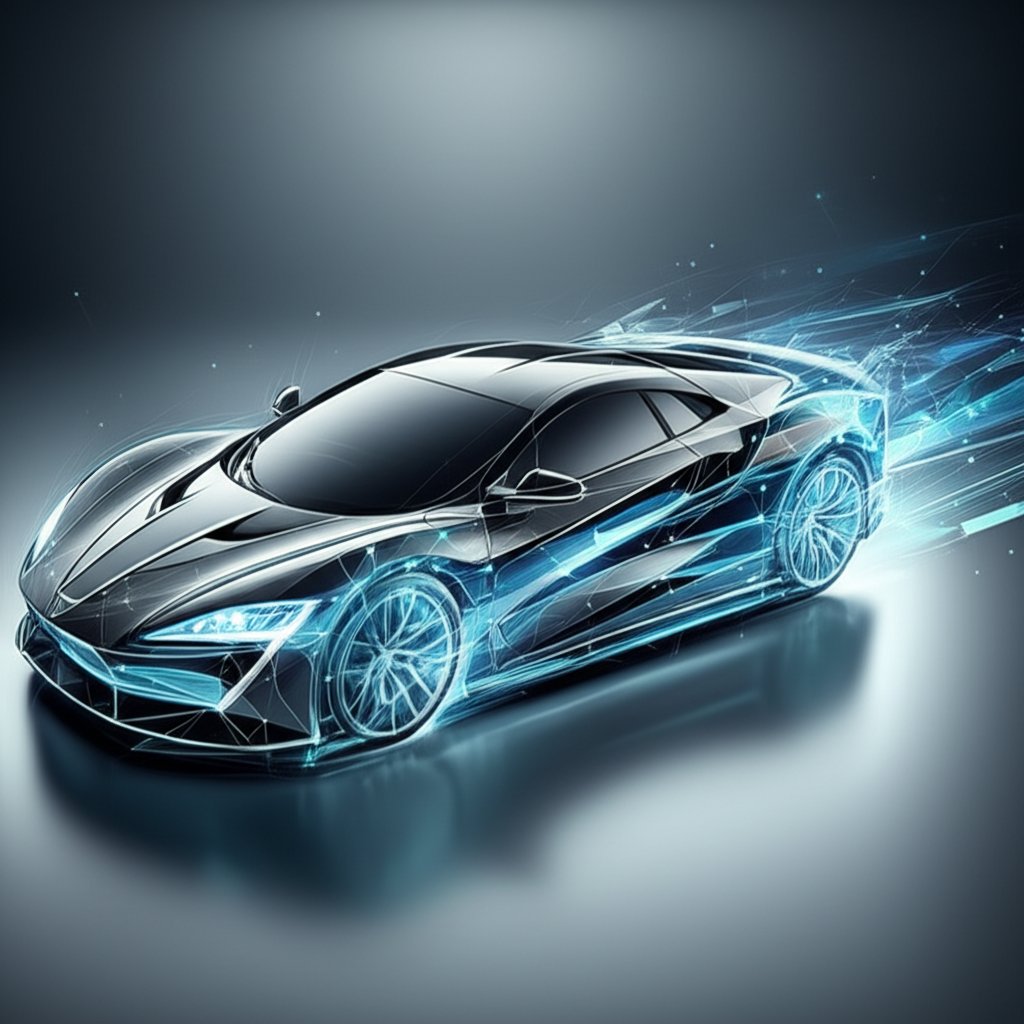 conceptual art showing a car design emerging from a wireframe representing automotive rapid prototyping