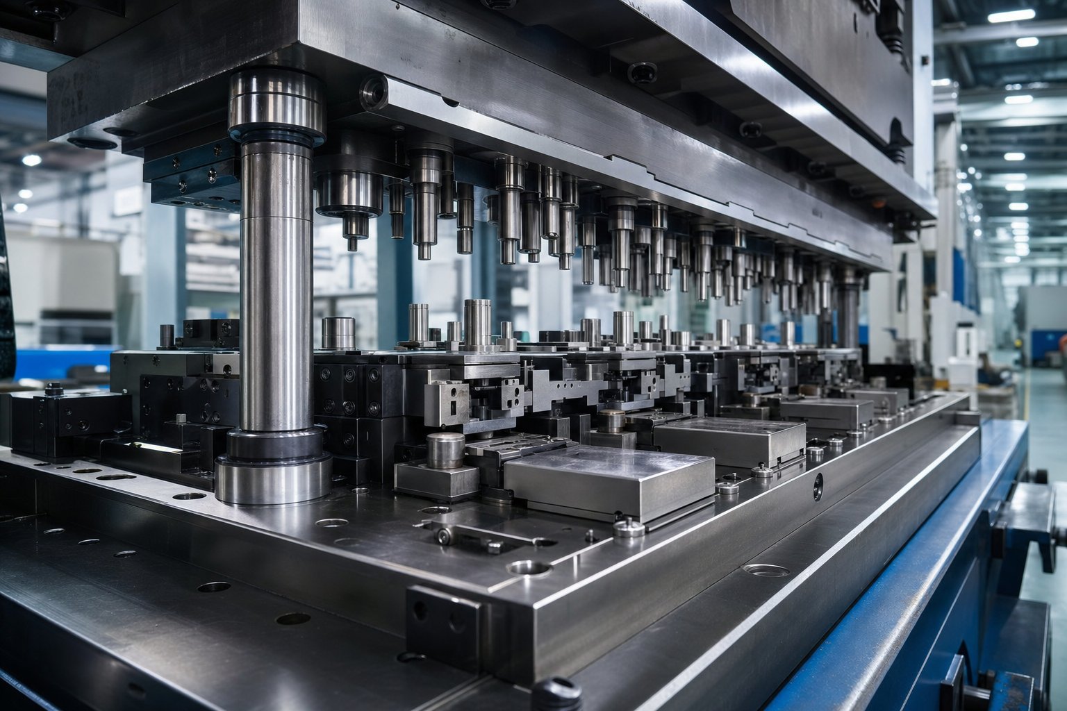 info-1536-1024 precision progressive stamping die mounted in a production press illustrating the complex tooling that stamping die suppliers design and build