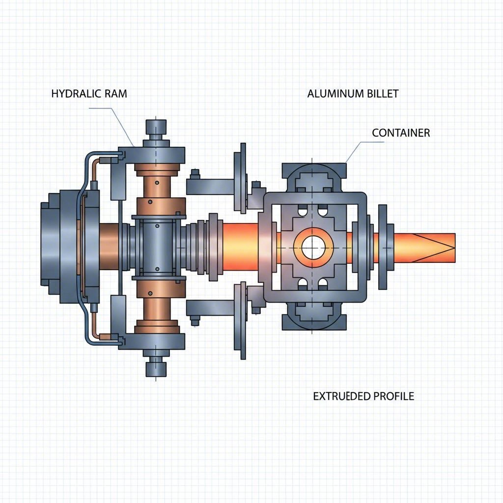 hydraulic extrusion press forcing heated aluminum through precision die