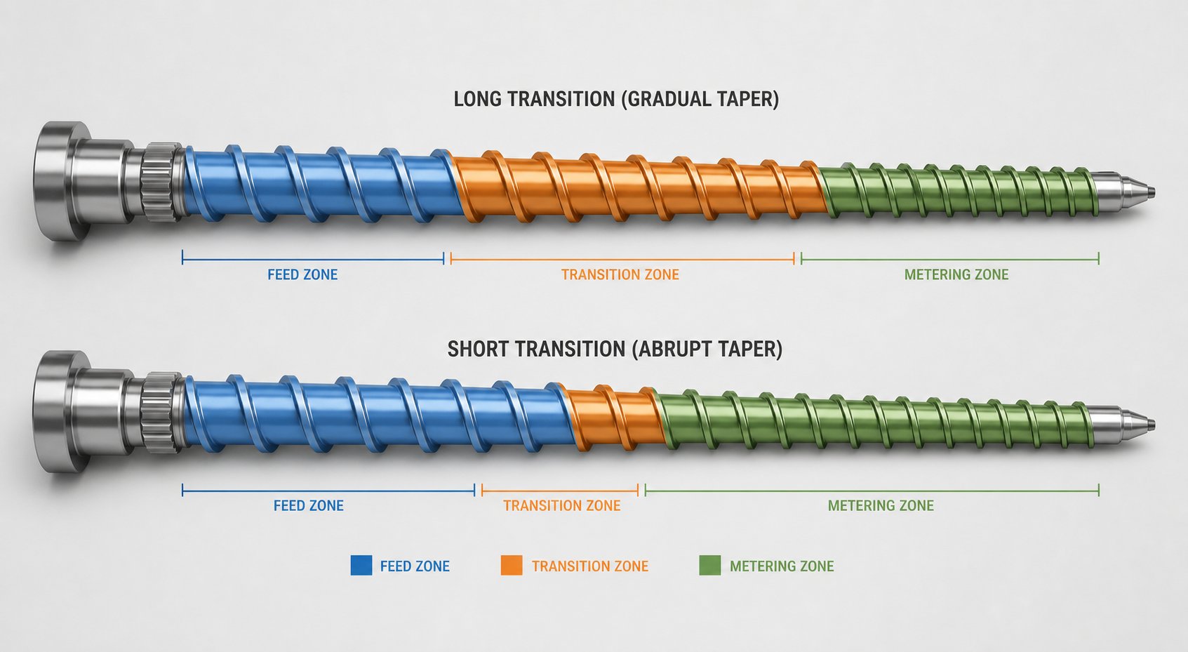 comparison of gradual versus abrupt compression transition zone profiles on injection molding screws