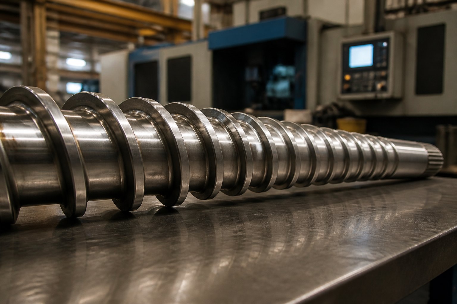 injection molding screw showing the channel depth difference between feed and metering zones that defines compression ratio
