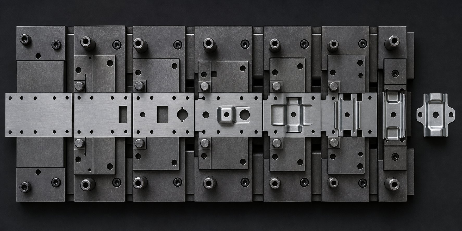 info-1-1 a metal strip advancing through progressive die stations showing the step by step transformation from flat stock to finished part