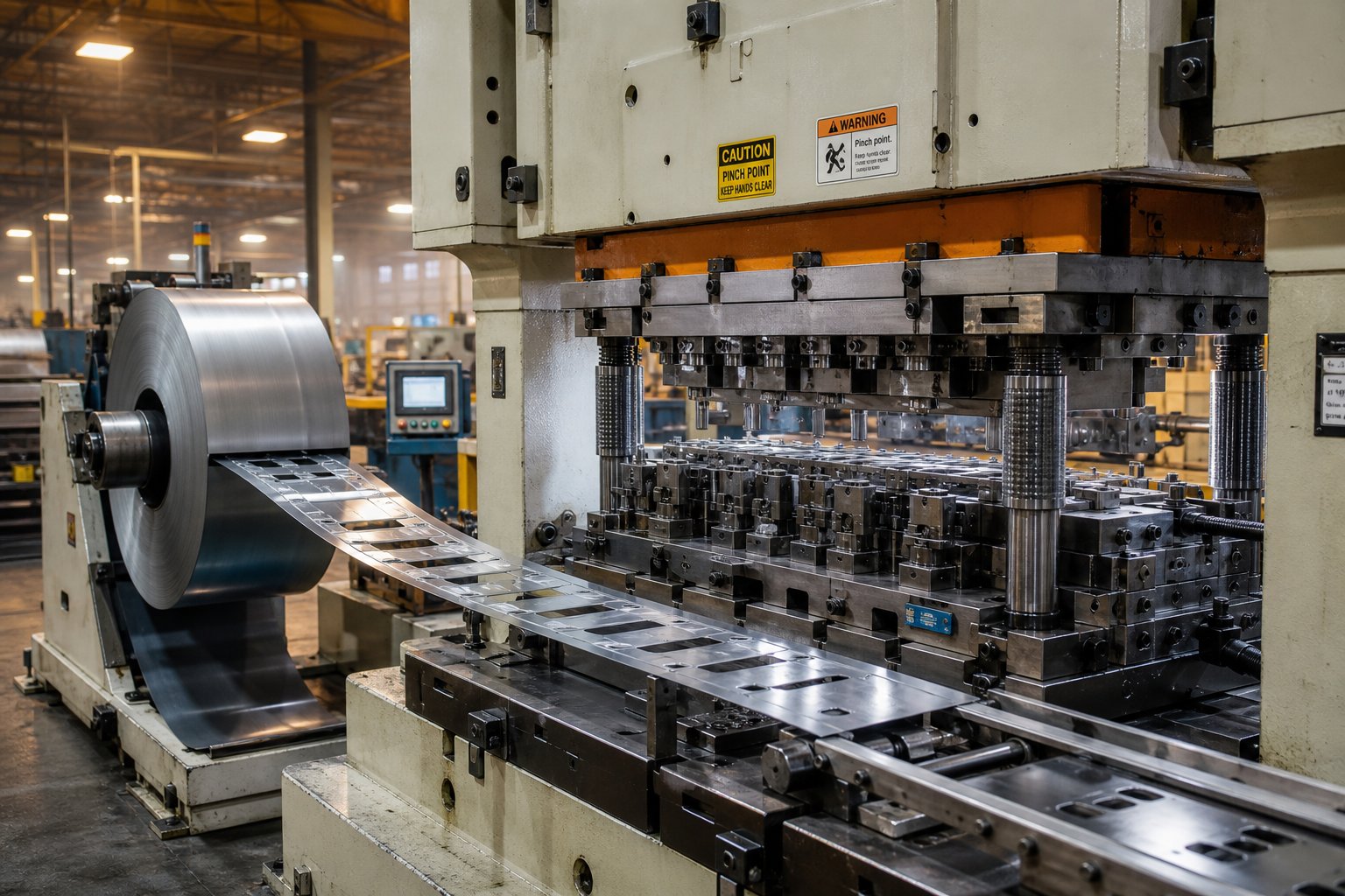 info-1-1 a progressive die stamping press transforming flat coil stock into finished metal parts through sequential stations