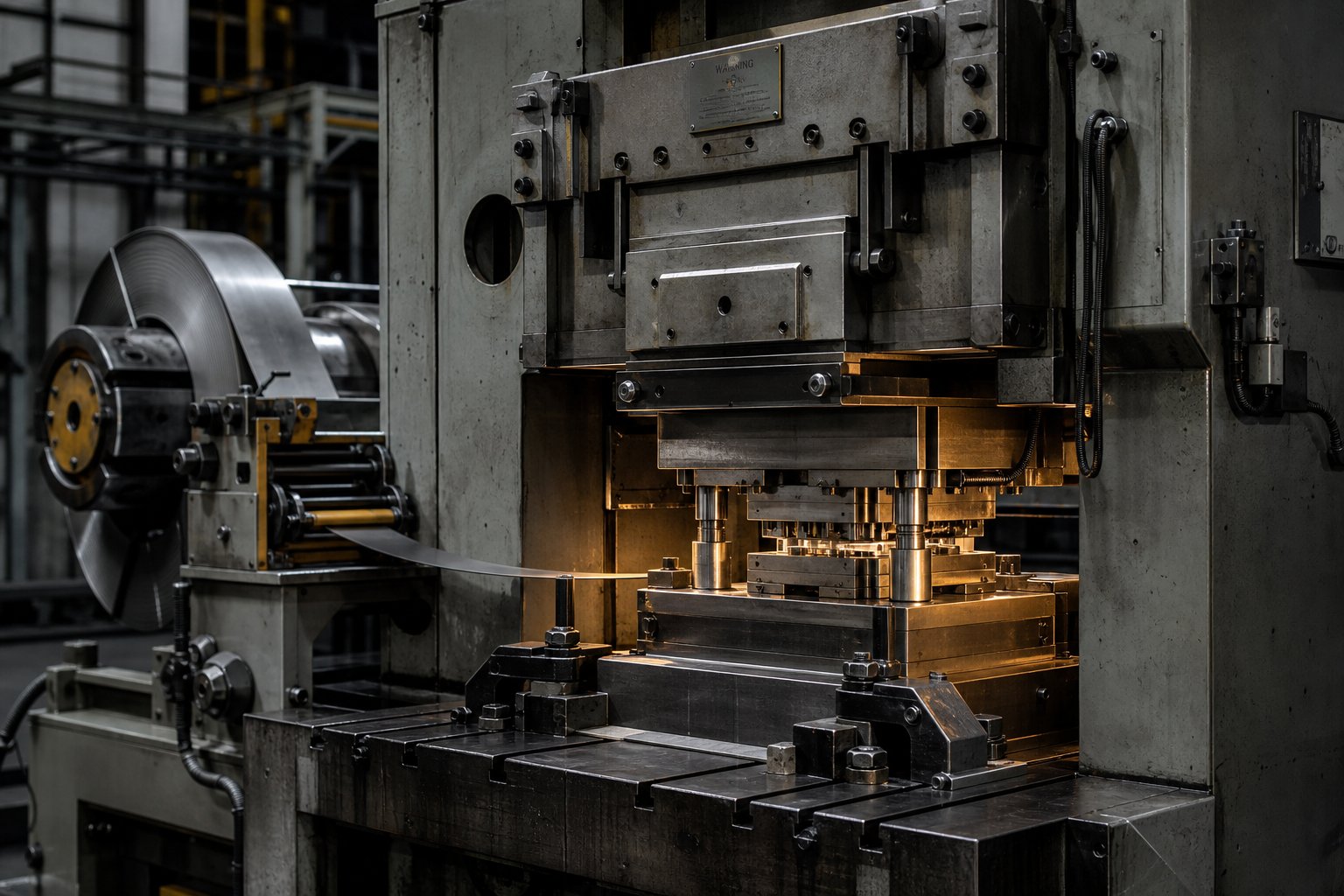 info-1-1 a stamping press with die mounted and aligned on the bolster showing the feed system and ram in mid cycle position