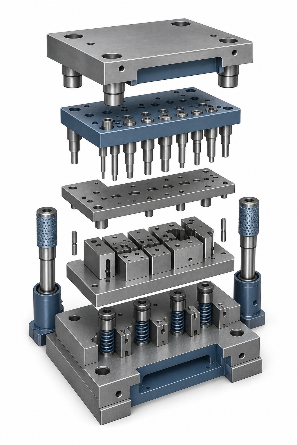 info-1-1 exploded view of a progressive stamping die showing key components including punches die blocks pilots and lifters