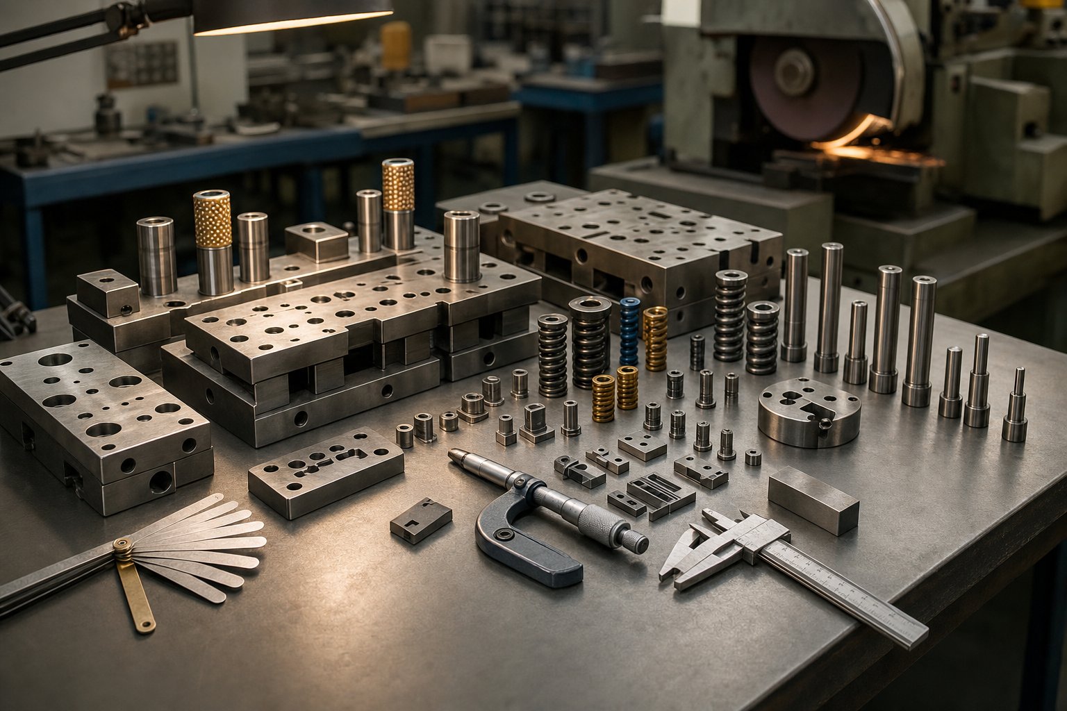 info-1-1 stamping die components laid out on a maintenance bench for inspection sharpening and clearance verification