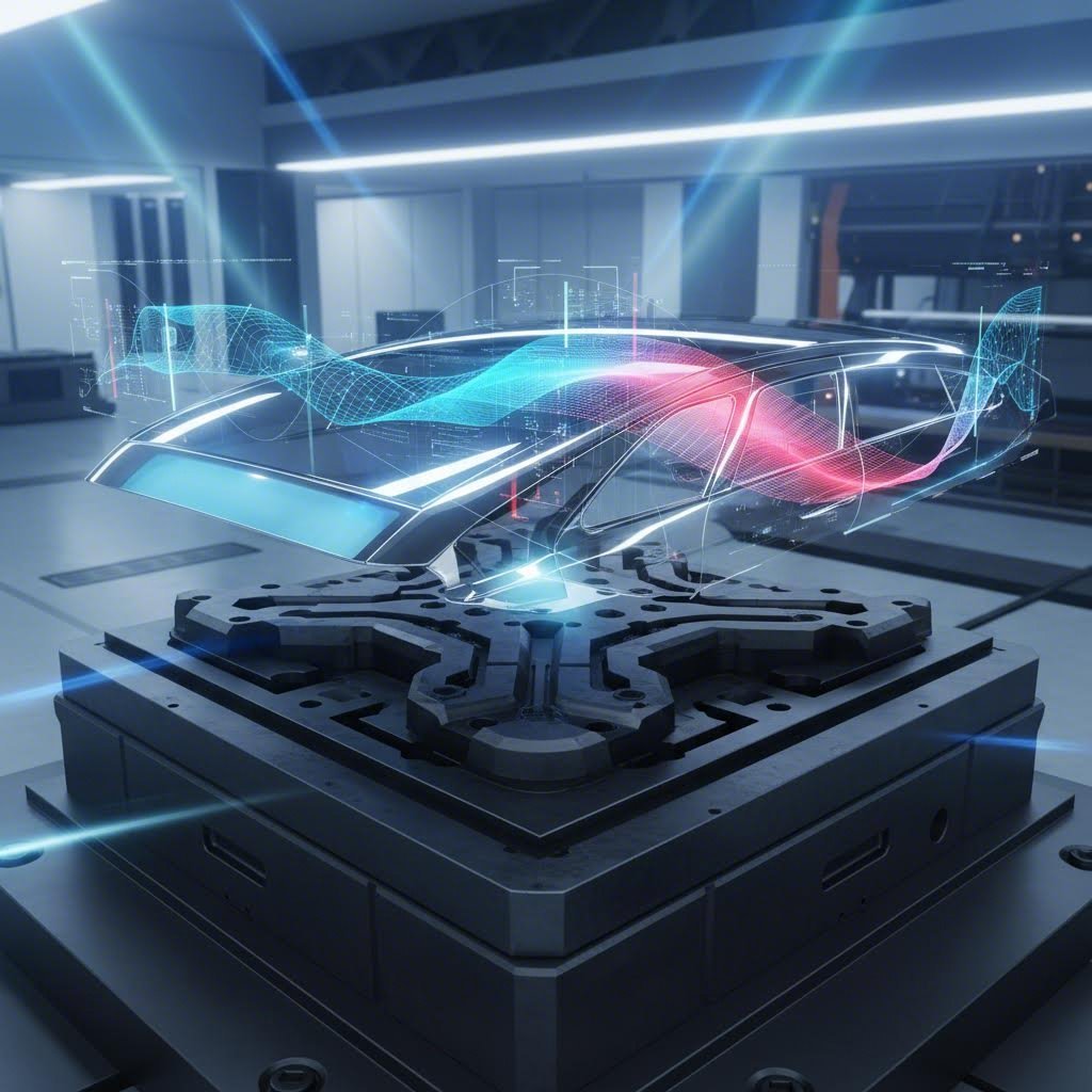 Digital twin simulation of an automotive roof panel stamping process showing stress distribution