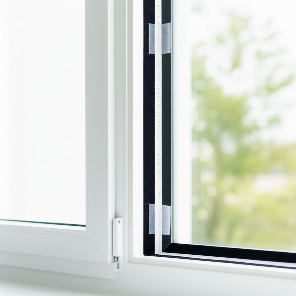 velcro strips applied on an aluminum window for easy installation