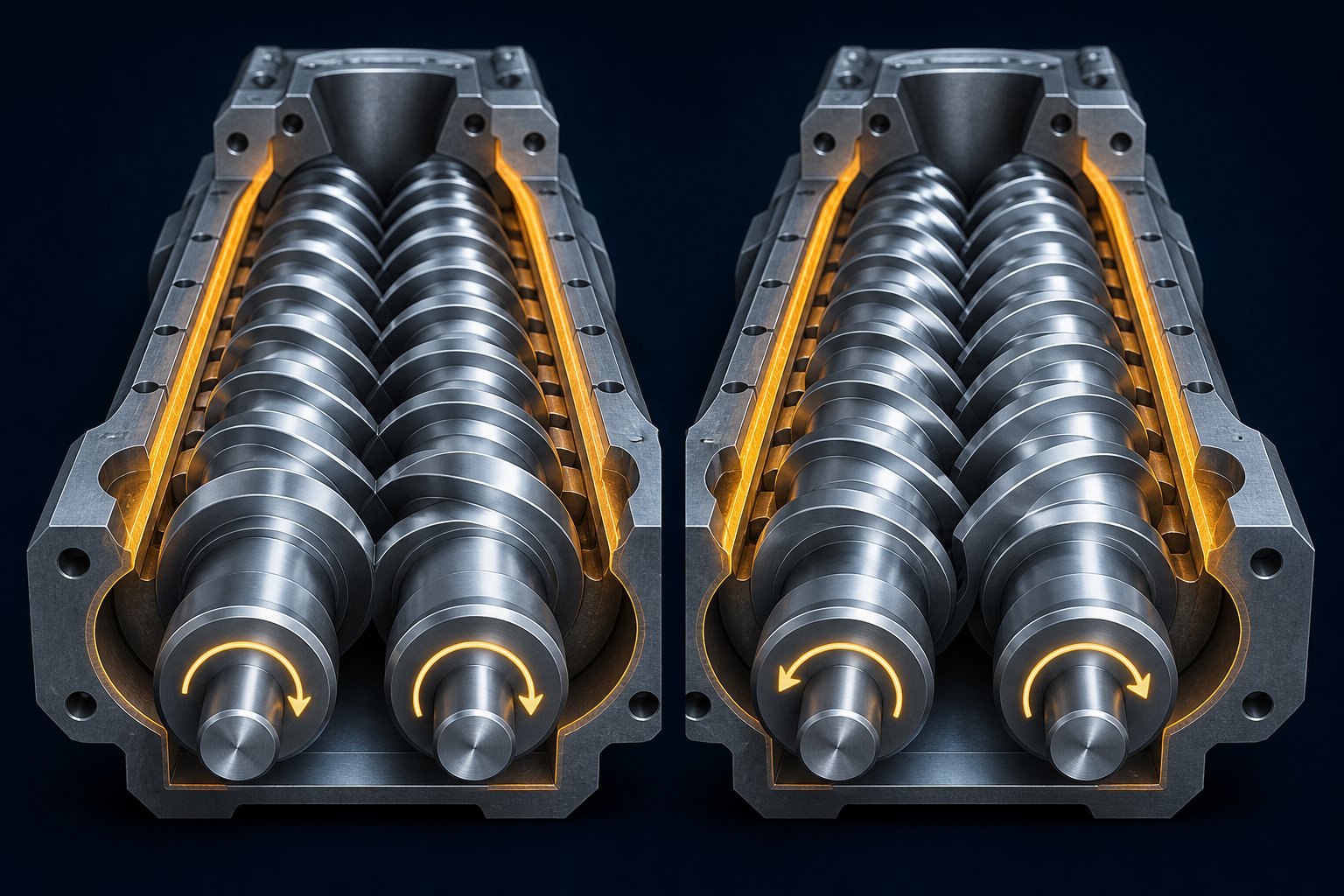 co rotating vs counter rotating screw configurations showing different rotation directions and intermeshing geometry