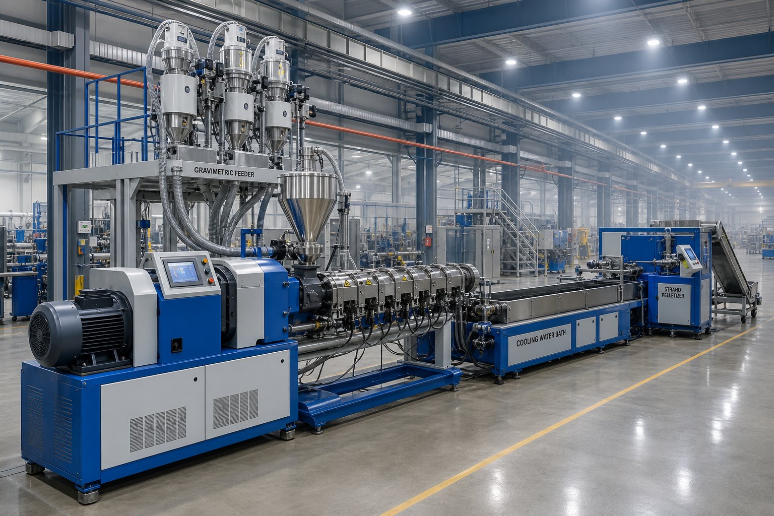 complete twin screw extrusion line including feeder extruder pelletizer and cooling system in a production facility