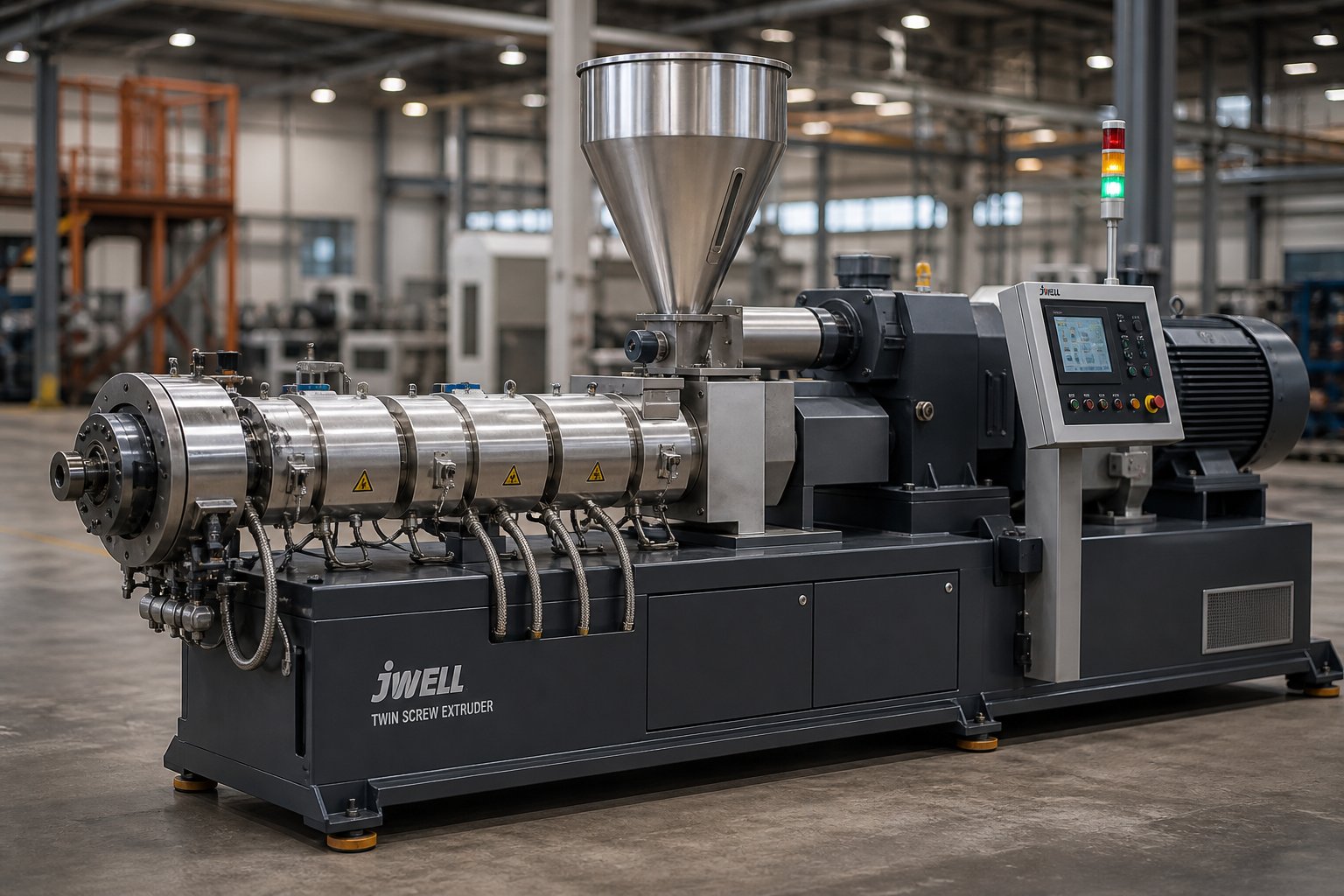 industrial twin screw extruder ready for evaluation in a used equipment warehouse