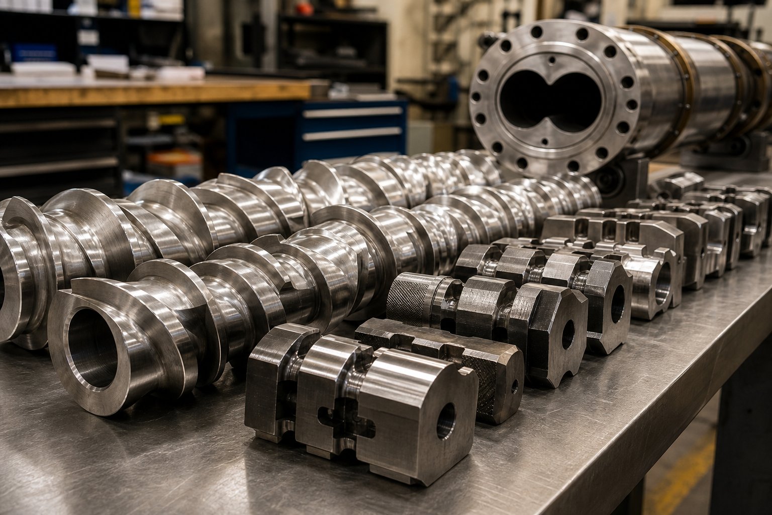 modular screw elements including conveying flights and kneading blocks used in twin screw extruders