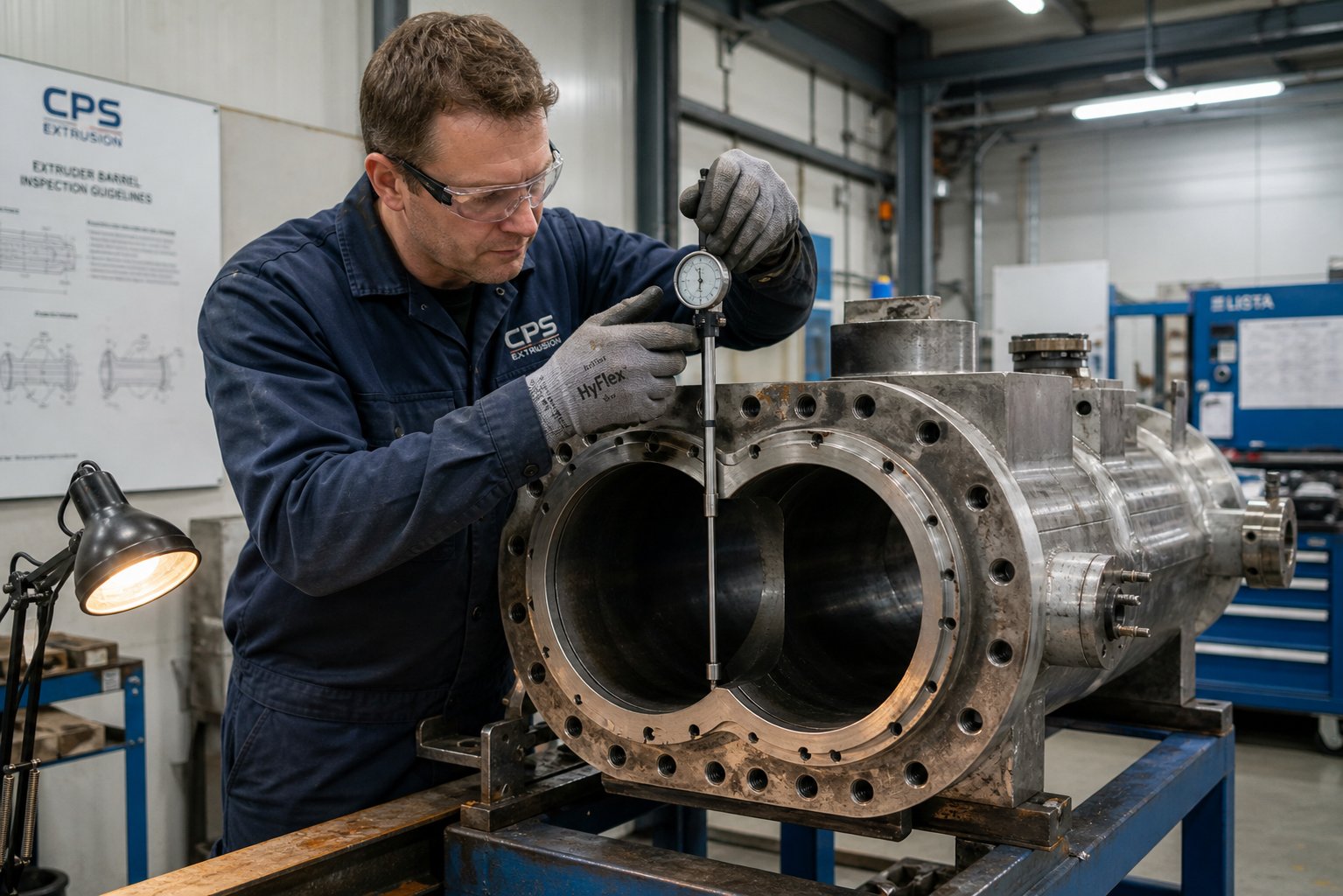 technician measuring barrel bore diameter during a pre purchase inspection of a used twin screw extruder